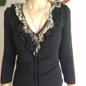 Roberto Cavalli Black and Leopard Ruffle Blouse